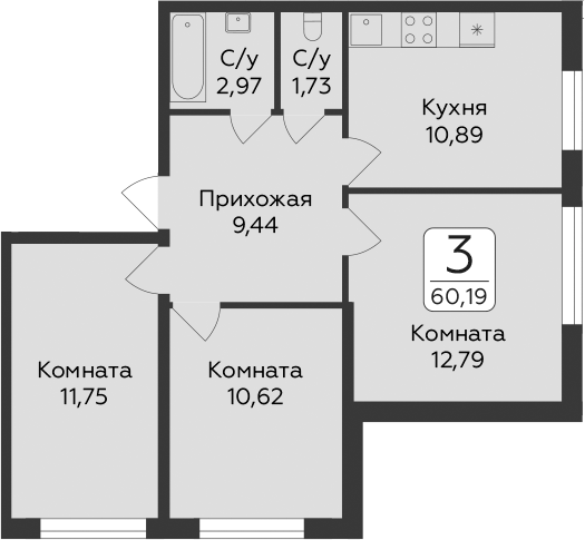 Планировка: 3 комнаты · 60,19 м²