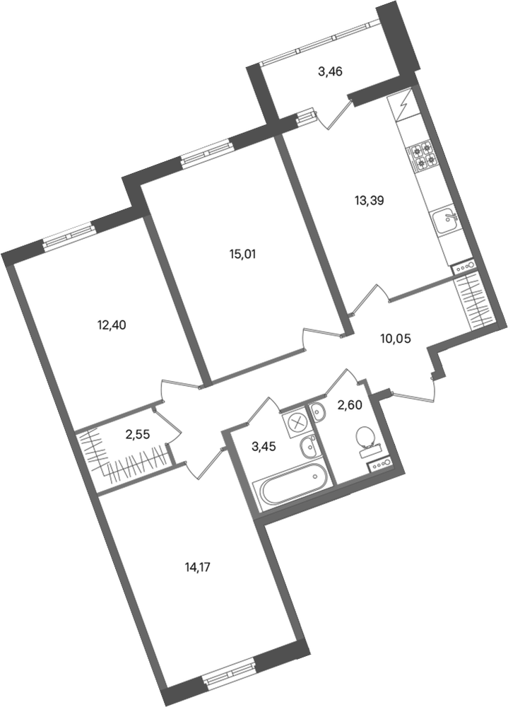 Планировка: 3 комнаты · 75,35 м²