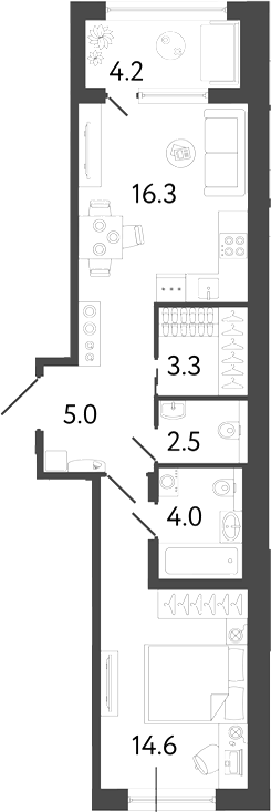 Планировка: 1 комната · 47,8 м²