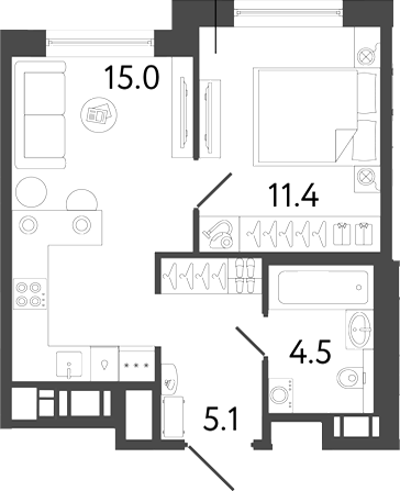 Планировка: 2Е-к.кв · 36 м²