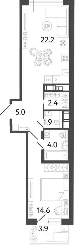 Планировка: 2Е-к.кв · 51,27 м²