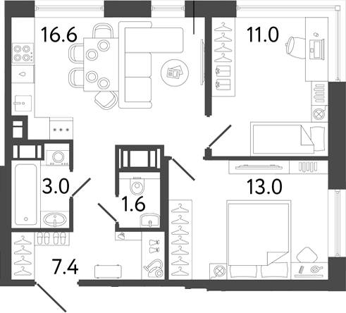 Планировка: 3Е-к.кв · 52,6 м²