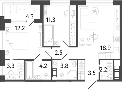 Планировка: 3Е-к.кв · 64,05 м²