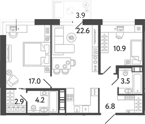 Планировка: 3Е-к.кв · 69,07 м²