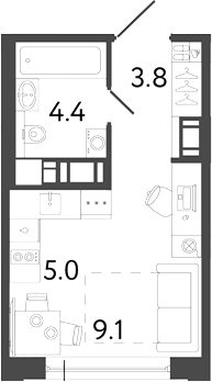 Планировка: Студия · 22,3 м²
