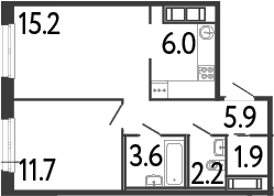 Планировка: 2Е-к.кв · 46,5 м²