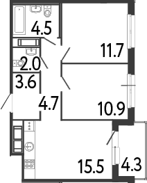 Планировка: 3Е-к.кв · 55,05 м²