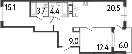 Планировка: 3Е-к.кв · 68,1 м²