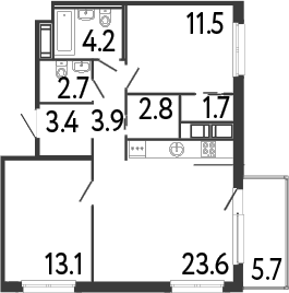 Планировка: 3Е-к.кв · 72,6 м²
