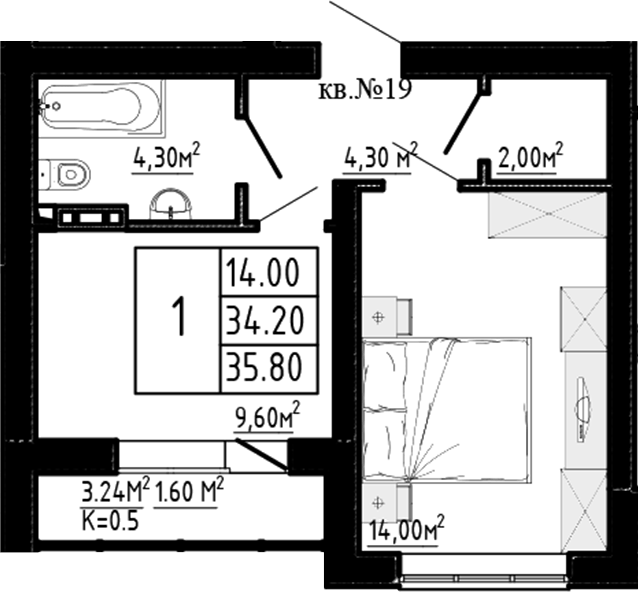 Планировка: 1 комната · 35,8 м²