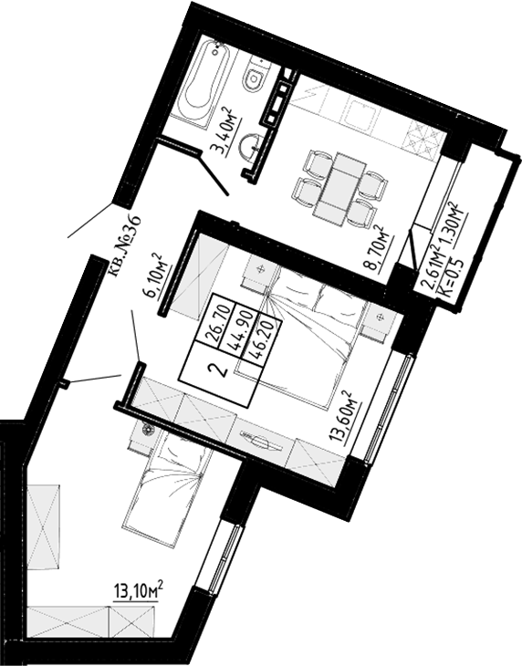 Планировка: 2 комнаты · 46,2 м²
