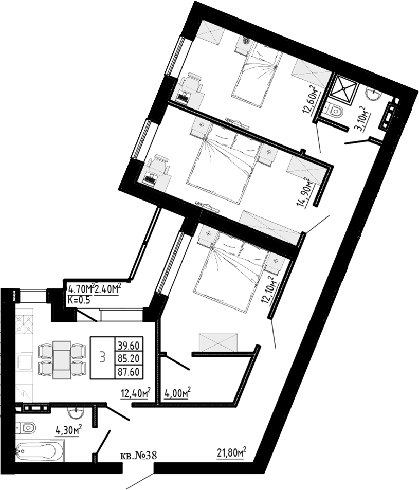 Планировка: 3 комнаты · 87,2 м²