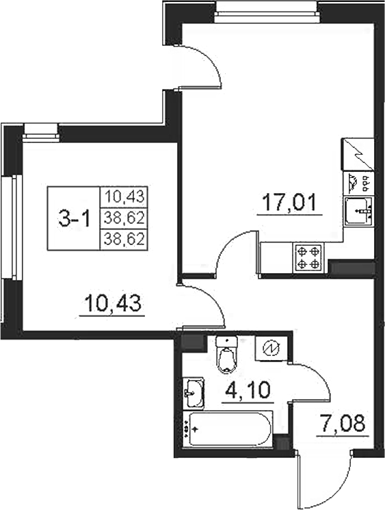 Планировка: 2Е-к.кв · 38,62 м²
