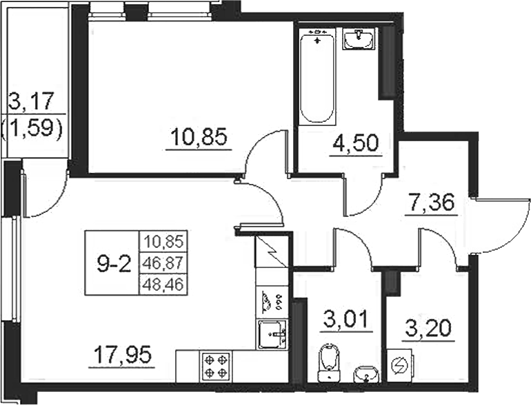 Планировка: 2Е-к.кв · 48,46 м²