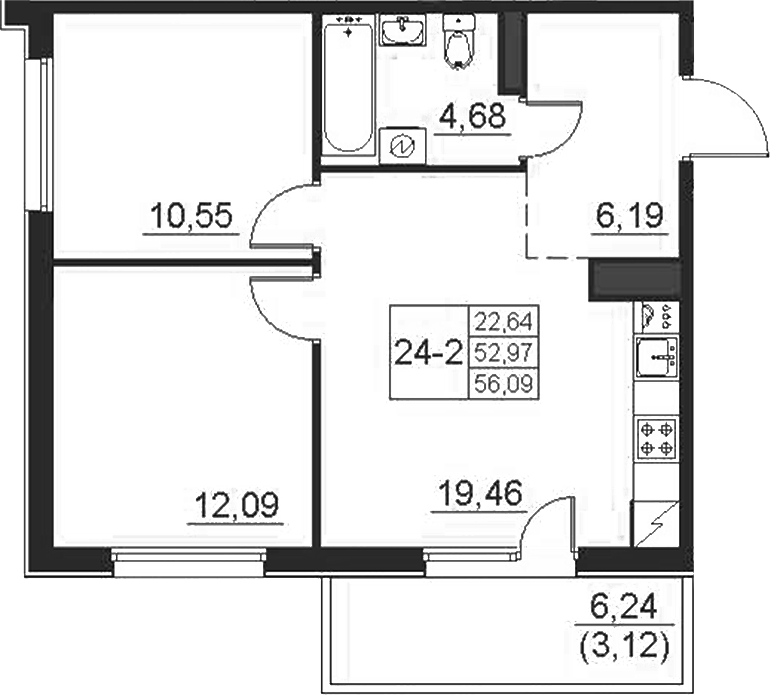 Планировка: 2 комнаты · 56,09 м²
