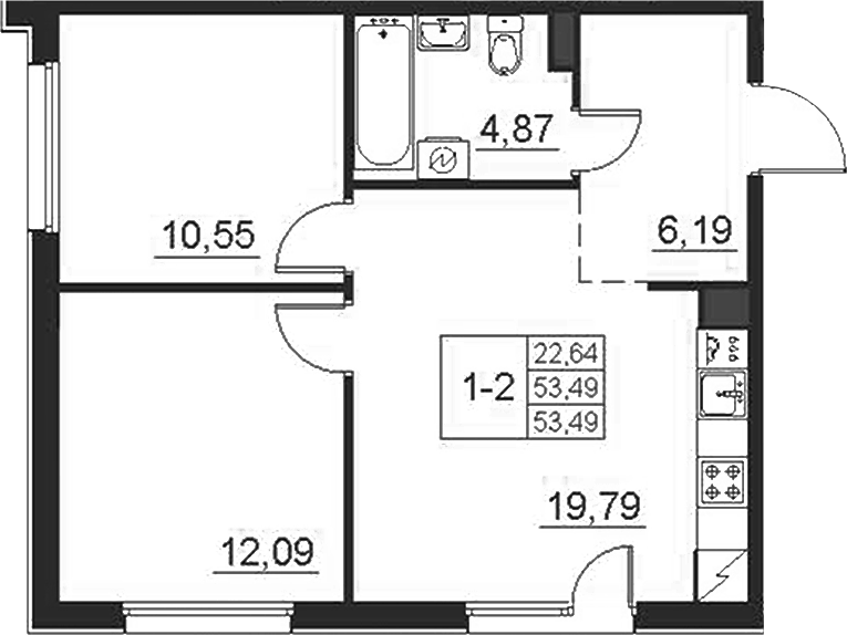 Планировка: 3Е-к.кв · 53,49 м²