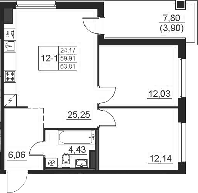 Планировка: 3Е-к.кв · 63,81 м²