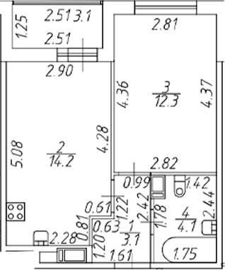 Планировка: 2Е-к.кв · 35,25 м²