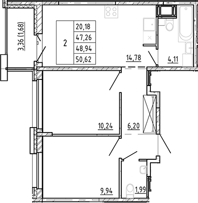 Планировка: 3Е-к.кв · 48,58 м²