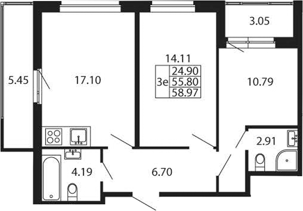Планировка: 3Е-к.кв · 58,97 м²