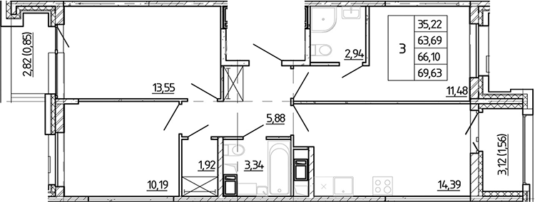 Планировка: 4Е-к.кв · 65,51 м²