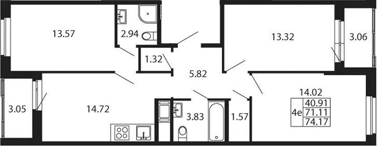 Планировка: 4Е-к.кв · 74,17 м²