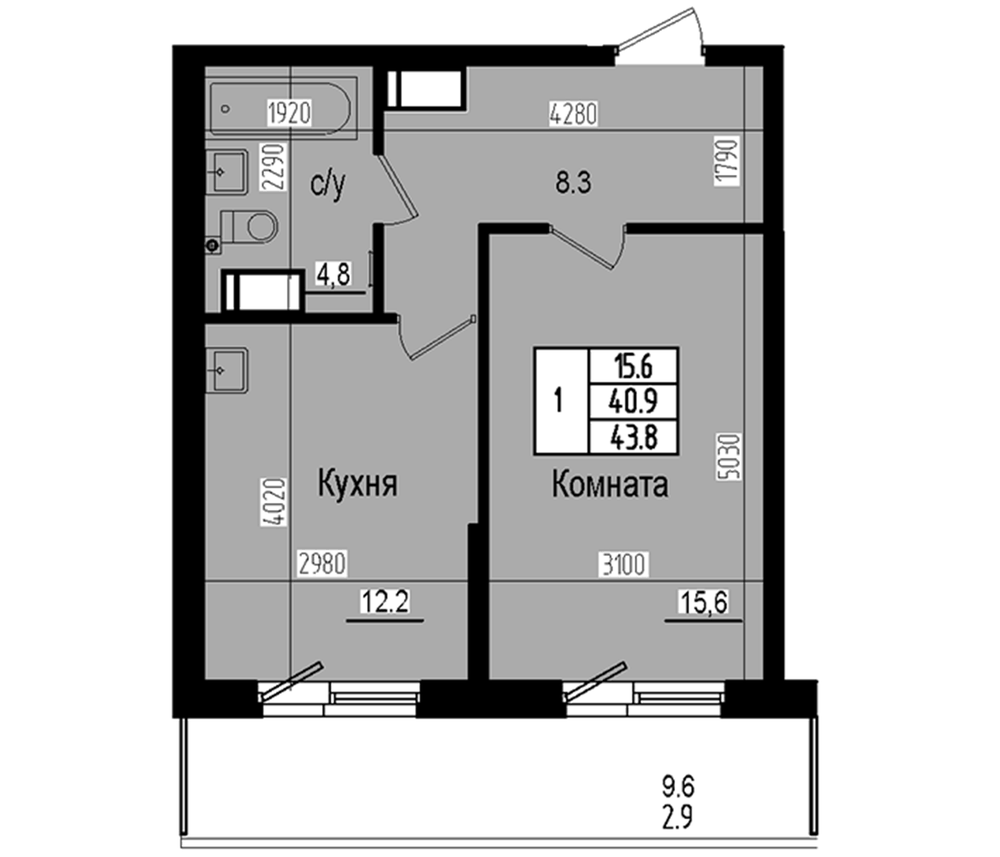 Планировка: 1 комната · 43,8 м²