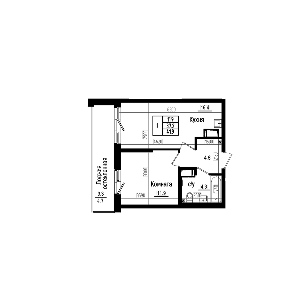 Планировка: 2Е-к.кв · 41,9 м²