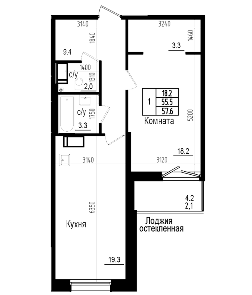 Планировка: 2Е-к.кв · 57,6 м²