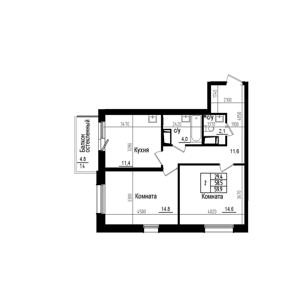 Планировка: 2 комнаты · 59,9 м²