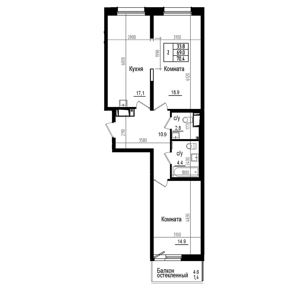Планировка: 3Е-к.кв · 70,4 м²