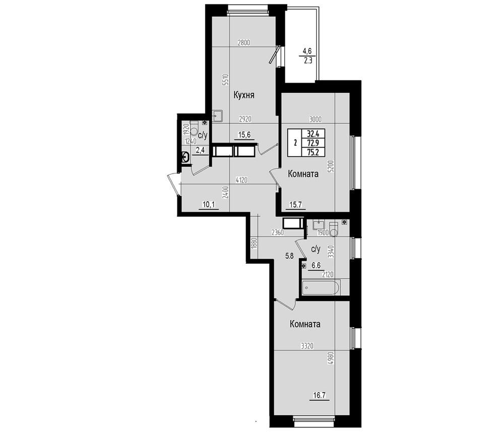 Планировка: 3Е-к.кв · 75,2 м²