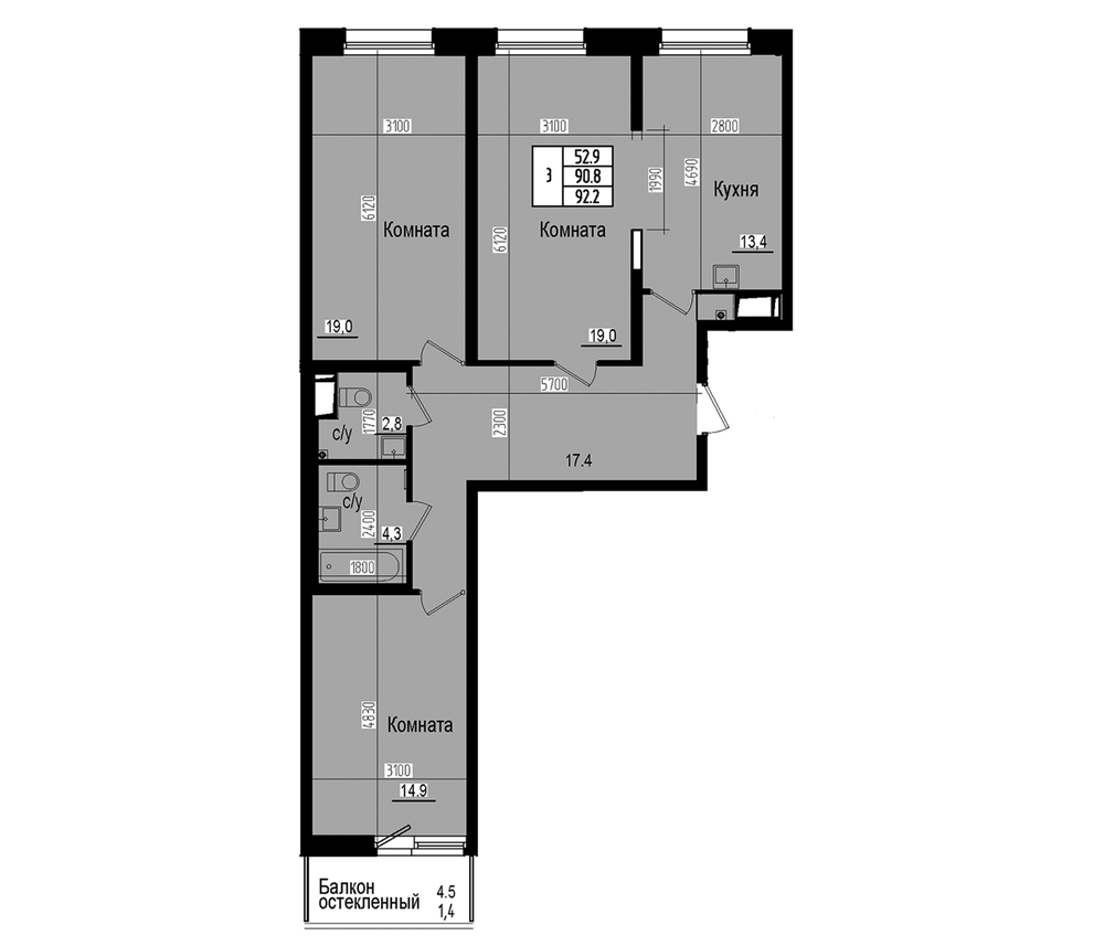Планировка: 3 комнаты · 92,2 м²