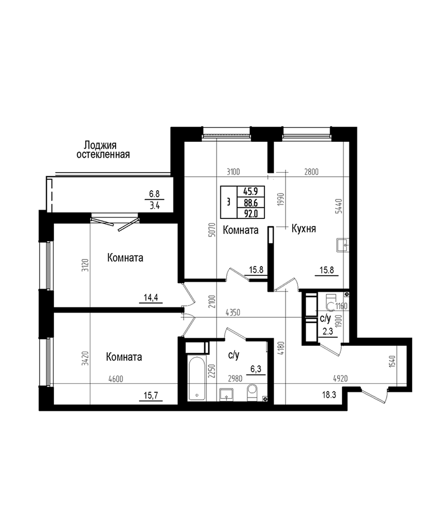 Планировка: 4Е-к.кв · 92 м²