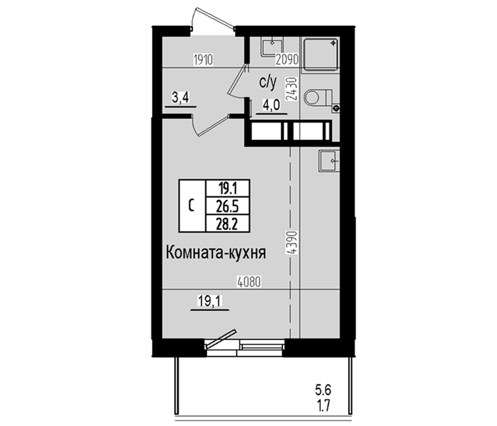 Планировка: Студия · 28,2 м²