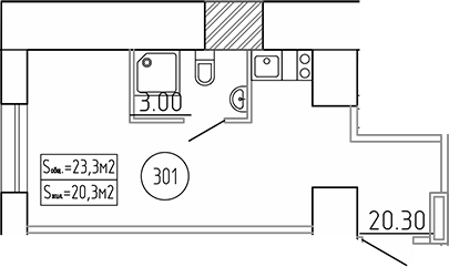 Планировка: Студия · 23,3 м²
