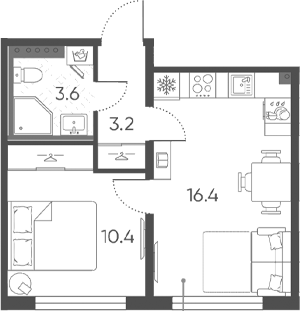 Планировка: 2Е-к.кв · 33,6 м²