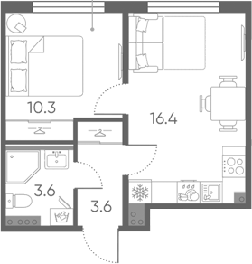 Планировка: 2Е-к.кв · 33,9 м²