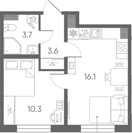 Планировка: 2Е-к.кв · 33,7 м²