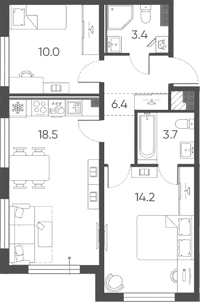 Планировка: 3Е-к.кв · 56,2 м²