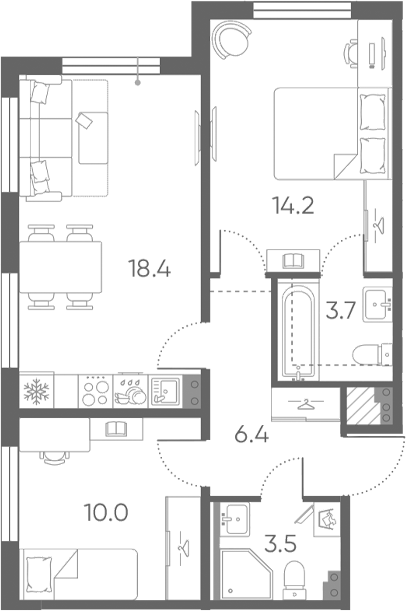 Планировка: 3Е-к.кв · 56,2 м²