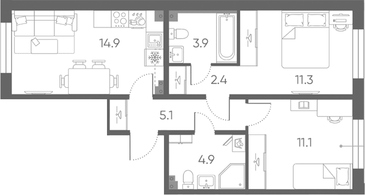 Планировка: 3Е-к.кв · 53,6 м²