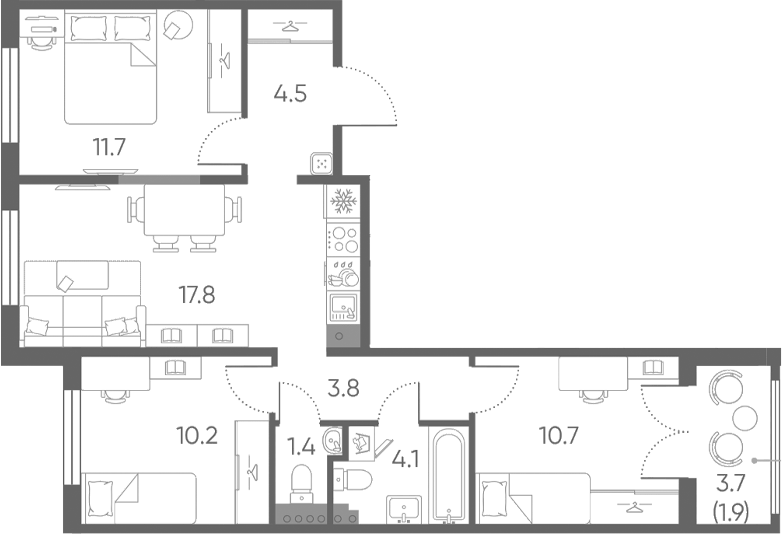 Планировка: 4Е-к.кв · 66,1 м²