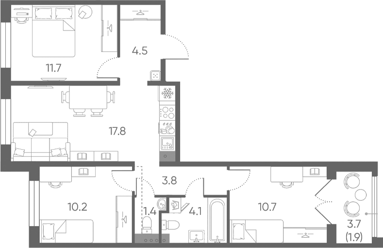 Планировка: 4Е-к.кв · 66,1 м²