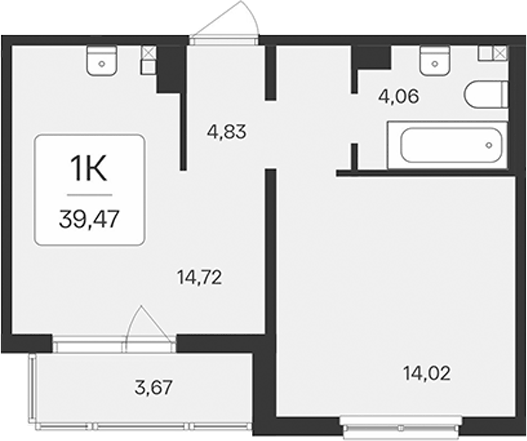 Планировка: 1 комната · 39,47 м²