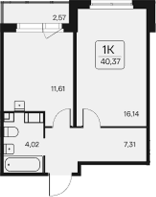 Планировка: 1 комната · 40,37 м²