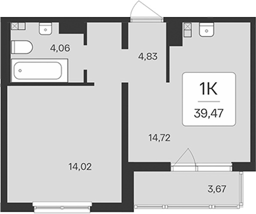 Планировка: 2Е-к.кв · 39,47 м²