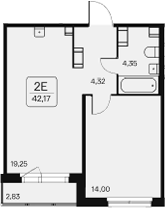 Планировка: 2Е-к.кв · 42,17 м²