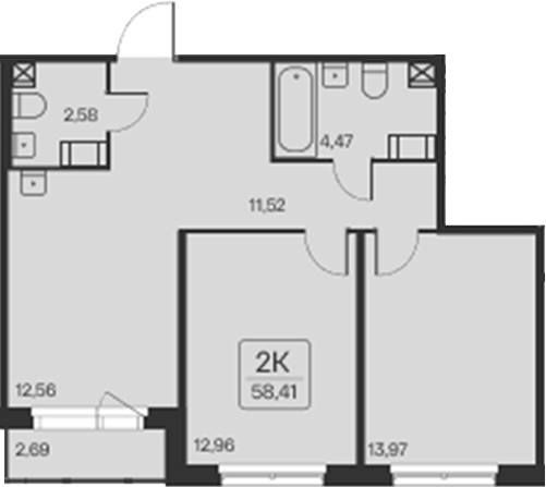 Планировка: 2 комнаты · 58,41 м²