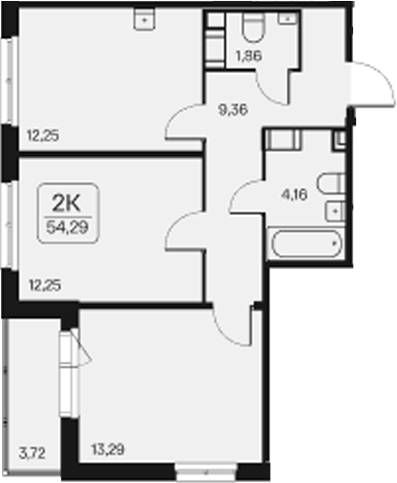 Планировка: 2 комнаты · 54,29 м²